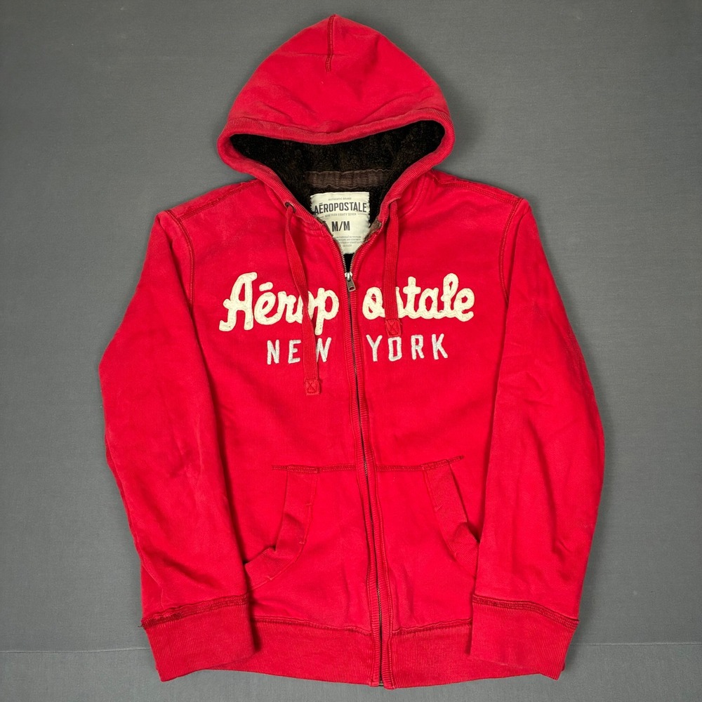 Y2K Aeropostale New York Sherpa Fur Lined Hoodie Men's Size Medium Red